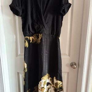 DKNY Black and Gold Floral Midi Dress